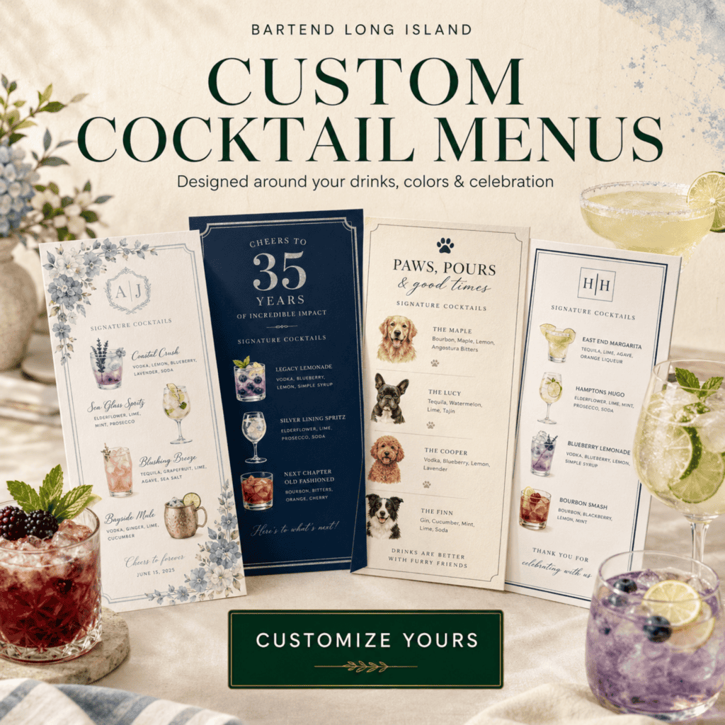 Custom cocktail menu designs created by Bartend Long Island for private events