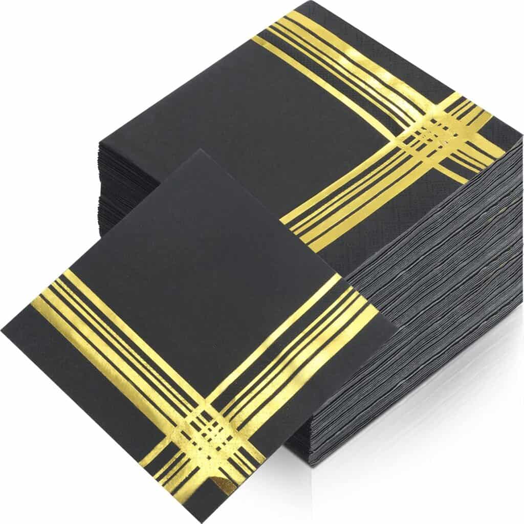 Black cocktail beverage napkins with gold decorative lines