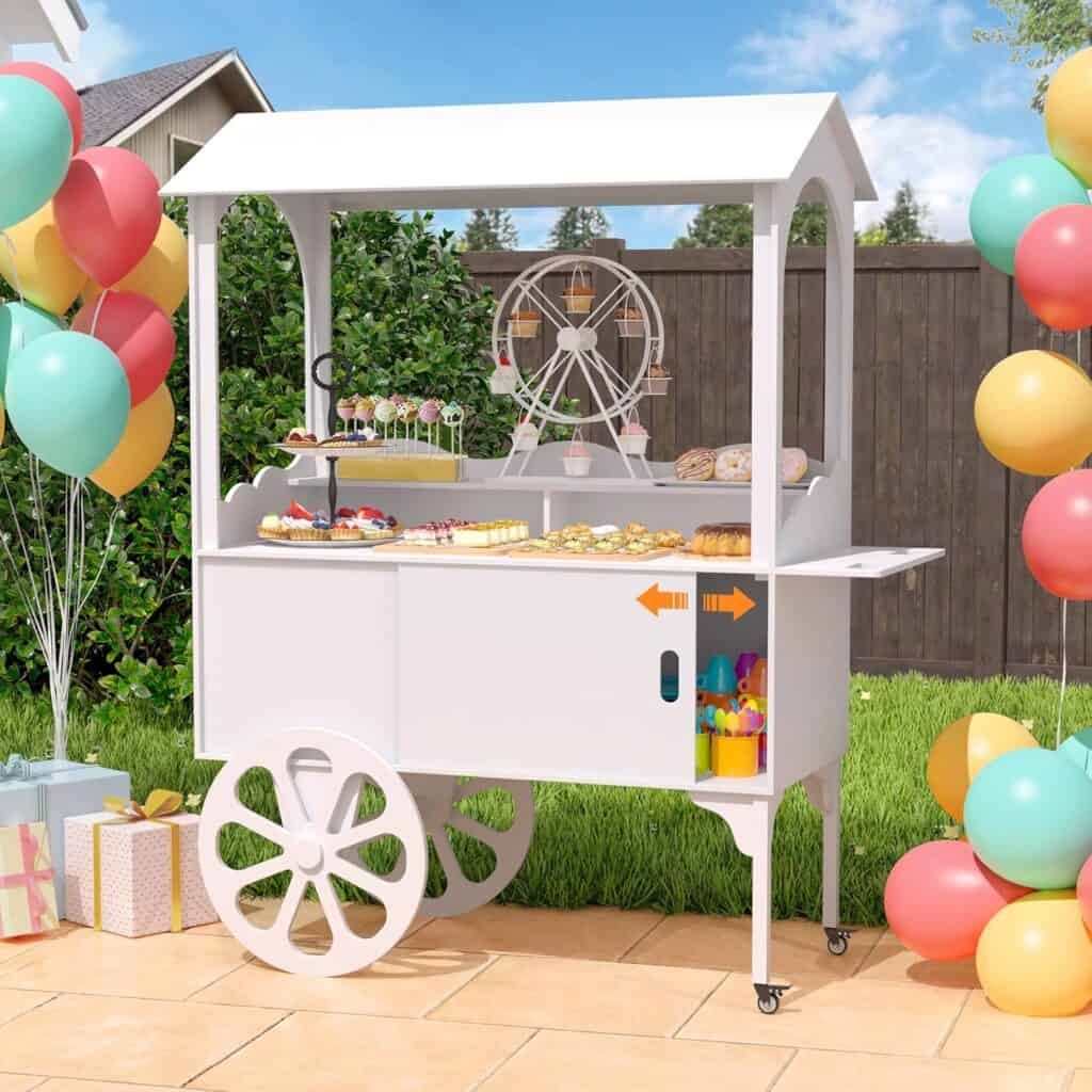 White candy and dessert cart for backyard party displays