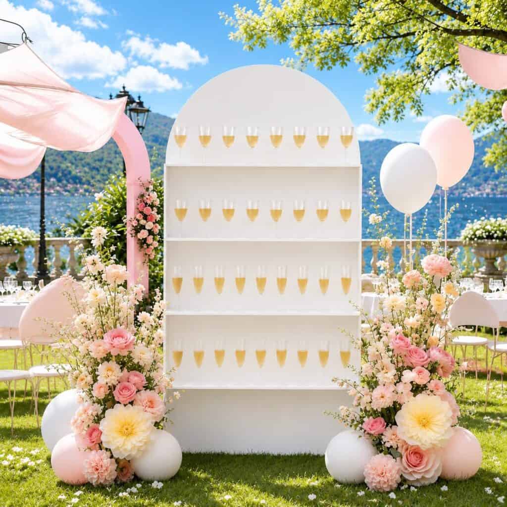 White champagne wall display surrounded by flowers for an outdoor event
