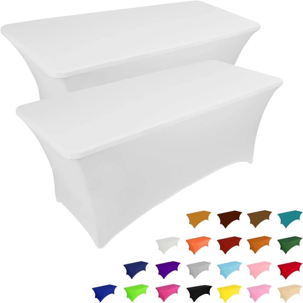 White fitted tablecloth covers for six foot rectangular tables