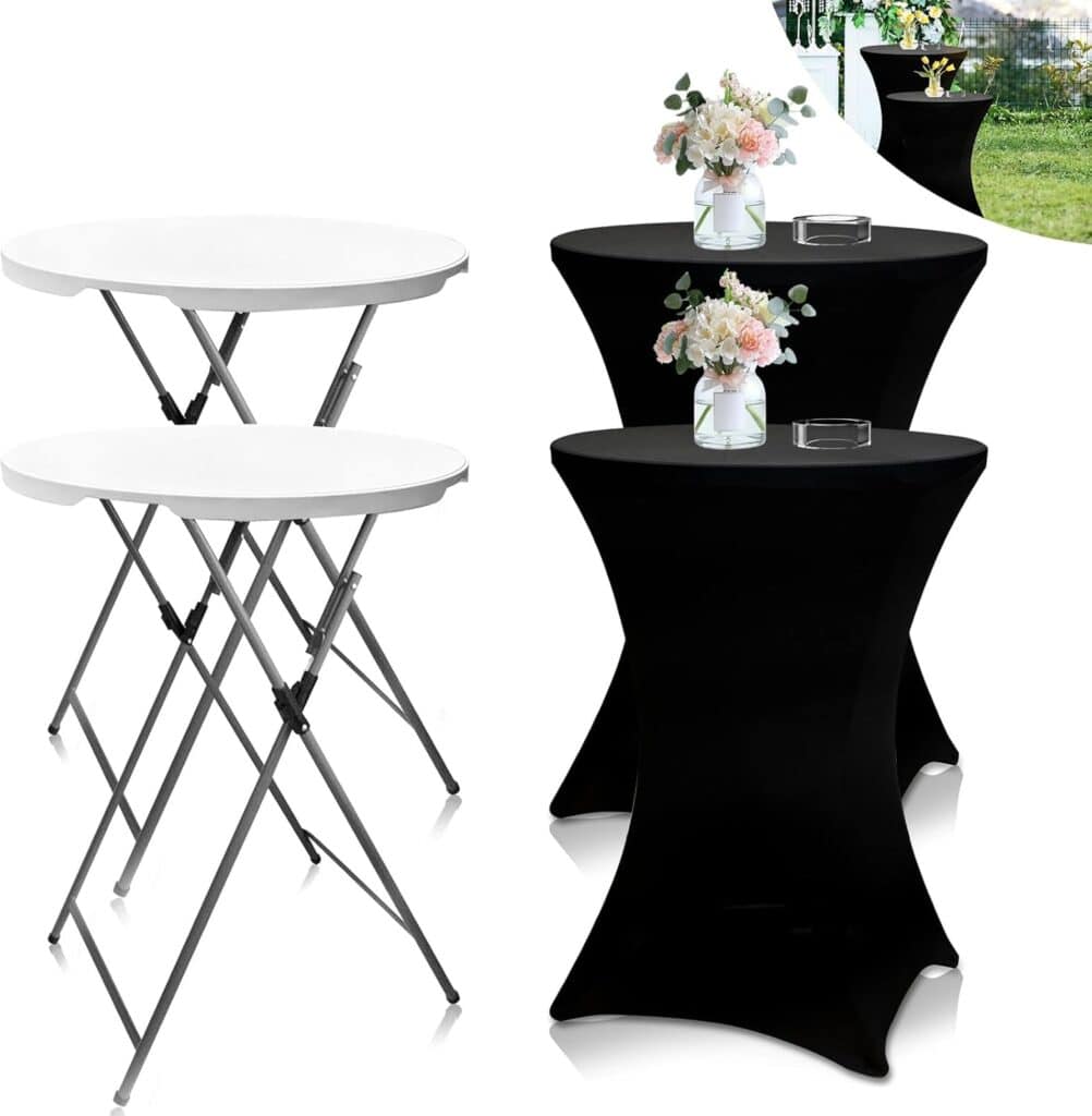 Round cocktail tables with fitted black spandex covers for entertaining