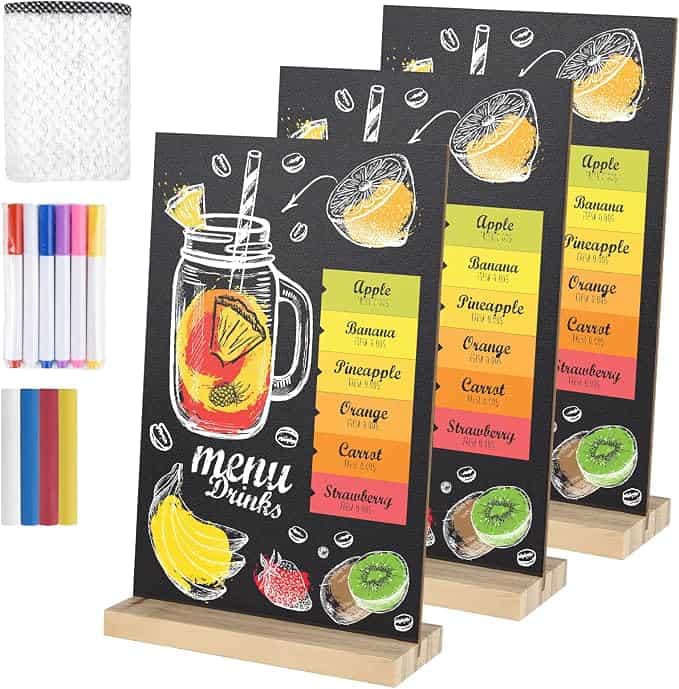 Mini chalkboard tabletop menu signs with markers and stands