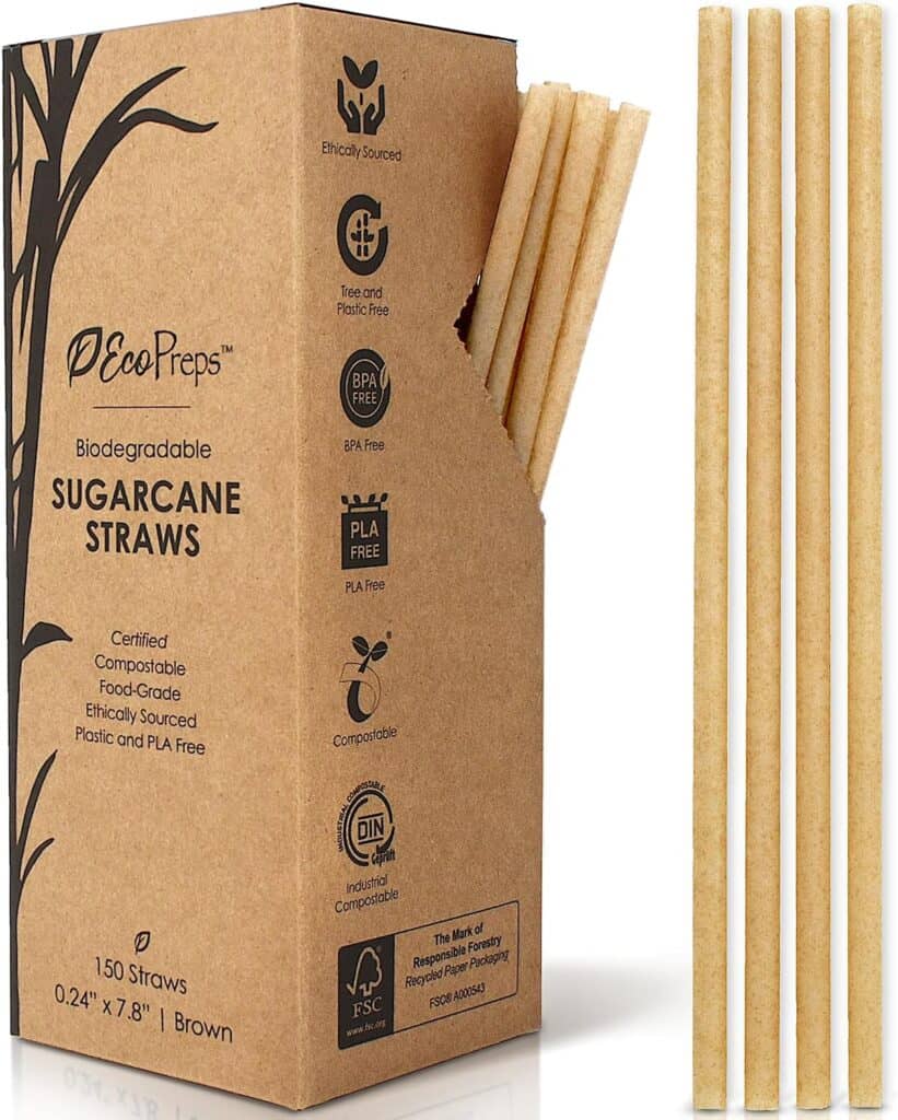 Compostable biodegradable sugarcane drinking straws in recyclable packaging