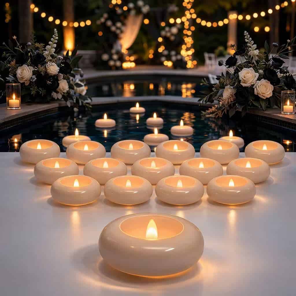 Warm glowing floating LED tea lights arranged for an evening event