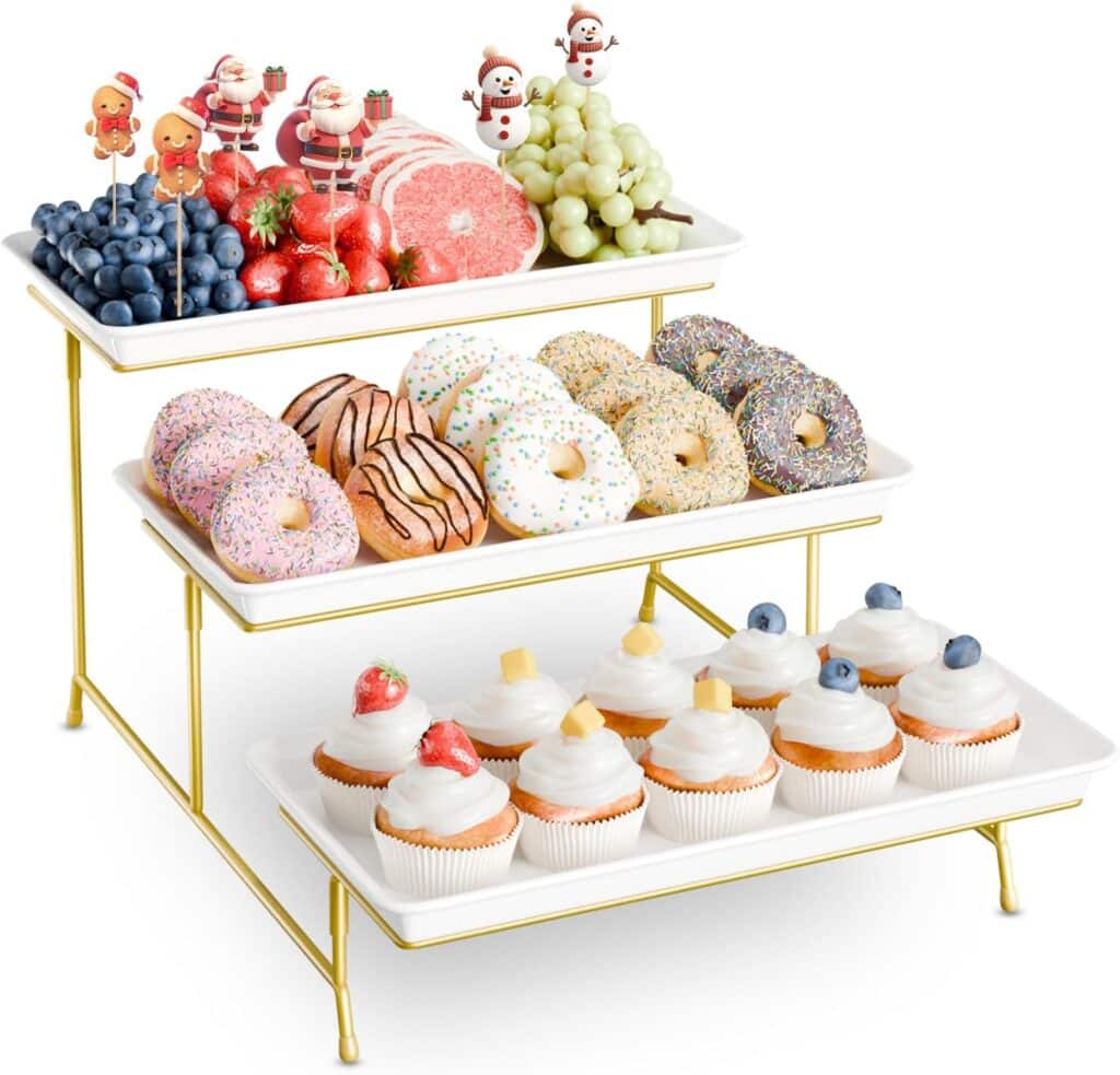 White three tier serving stand with gold metal frame for entertaining