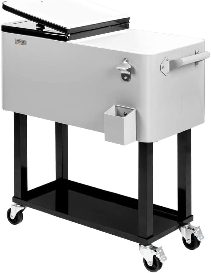 White rolling ice chest and beverage cooler for outdoor entertaining