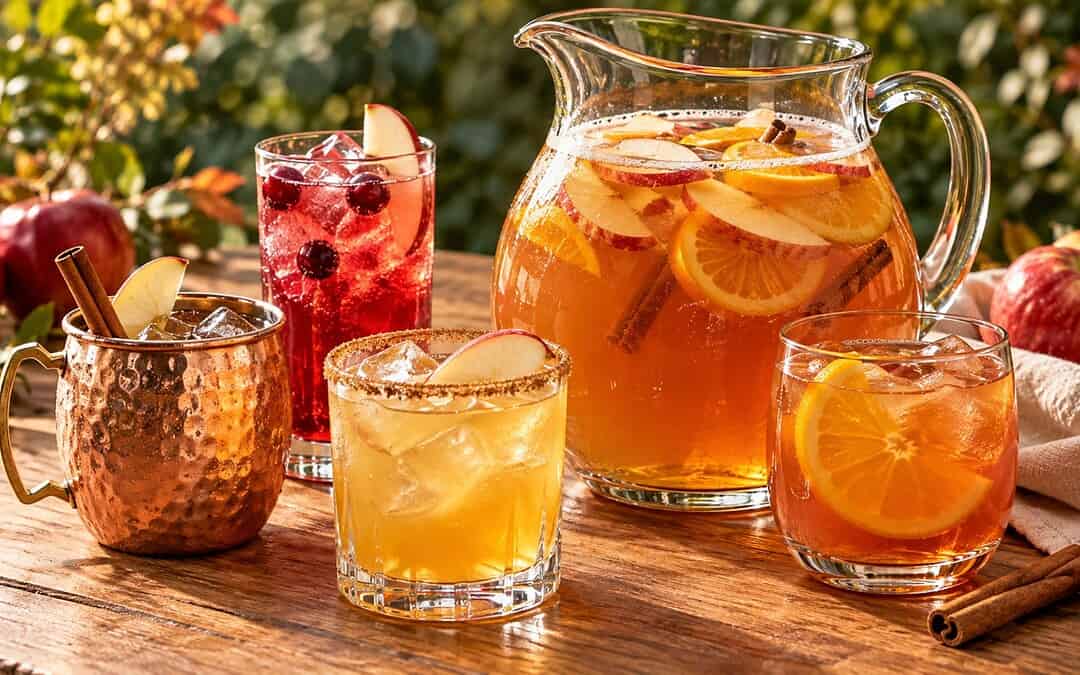 Fall batch cocktails with apple cider punch, a copper mug mule, a cider margarita and cranberry fizz.
