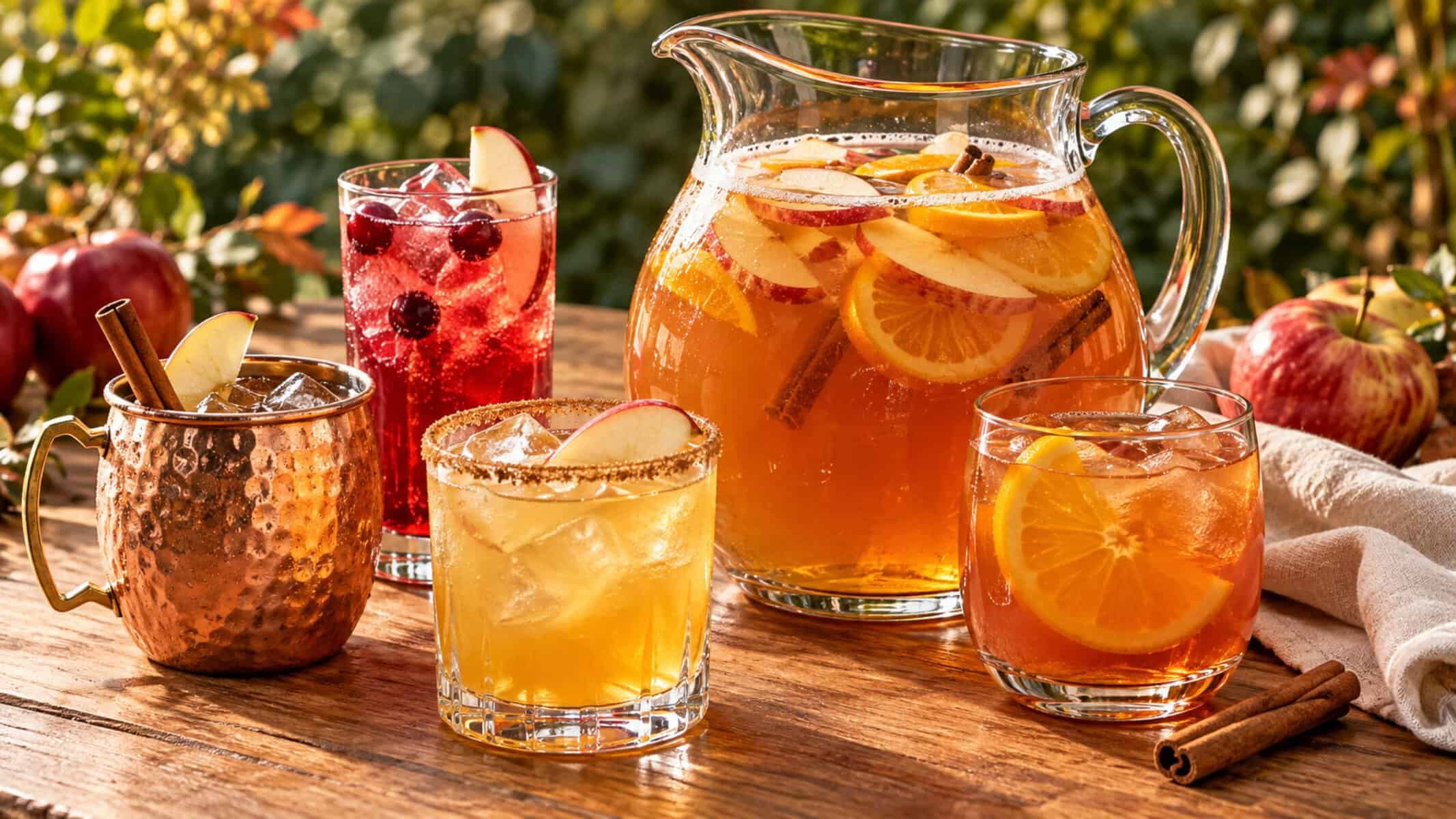 Fall batch cocktails with a pitcher of apple cider punch, a copper mug mule, a cider margarita and cranberry fizz